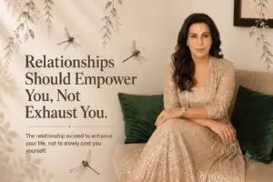 Pooja Bedi seated in a gold dress beside the words Relationships Should Empower You, Not Exhaust You