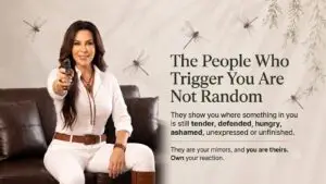 Pooja Bedi seated beside the words The People Who Trigger You Are Not Random