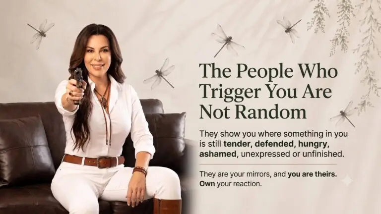 Pooja Bedi seated beside the words The People Who Trigger You Are Not Random