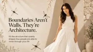 Pooja Bedi in white, beside the words Boundaries Aren't Walls. They're Architecture.