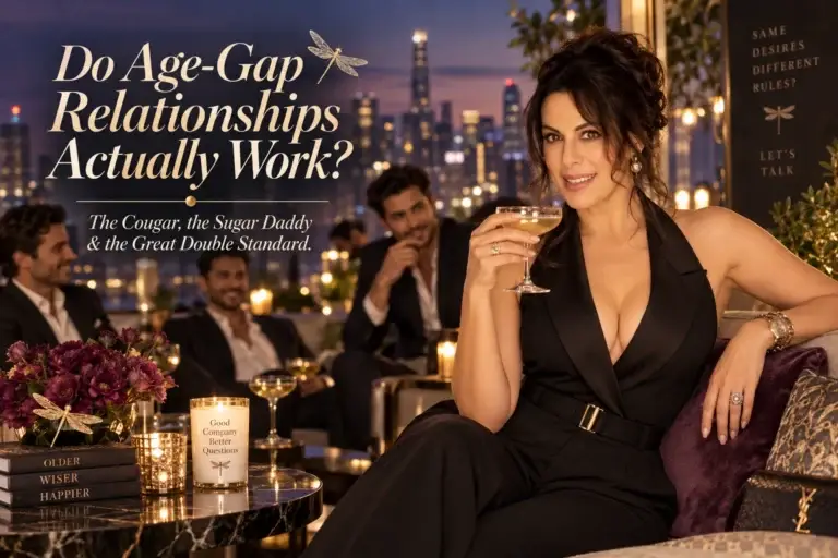 Pooja Bedi in black with a cocktail beside the words Do Age-Gap Relationships Actually Work?