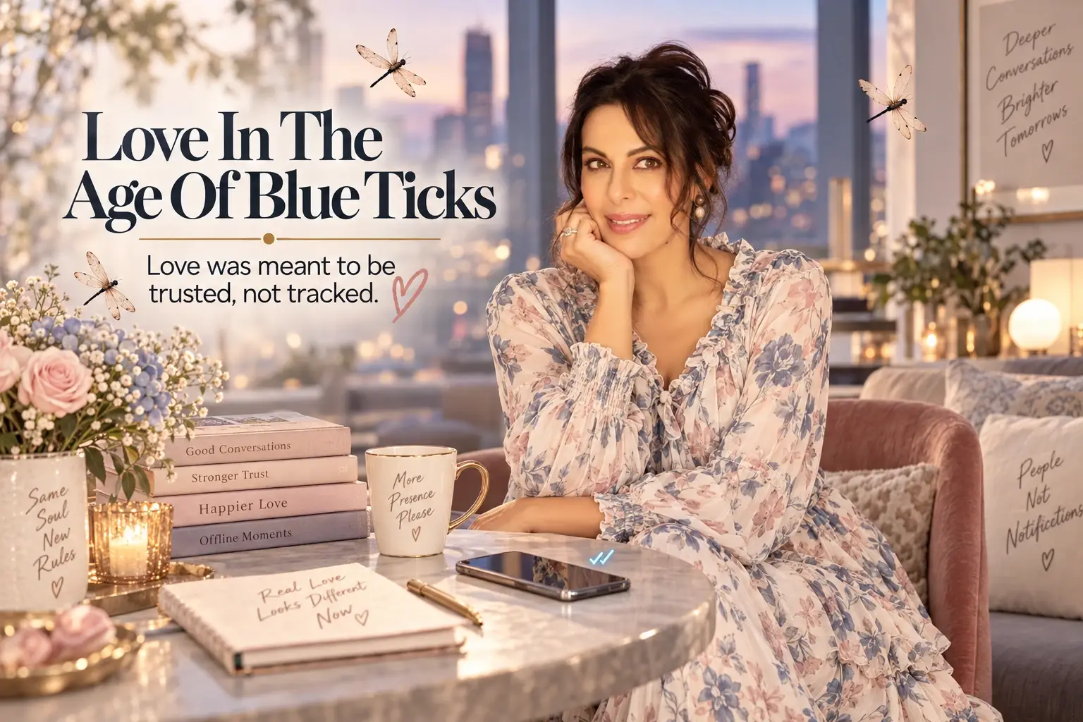 Pooja Bedi in a floral dress beside the words Love in the Age of Blue Ticks
