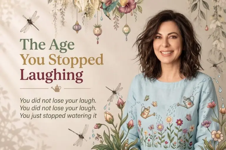 Pooja Bedi smiling, beside the words The Age You Stopped Laughing
