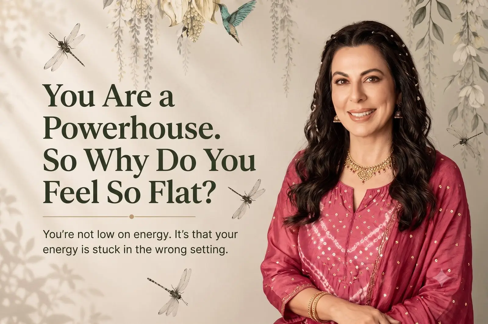 Pooja Bedi in pink beside the words You Are a Powerhouse. So Why Do You Feel So Flat?