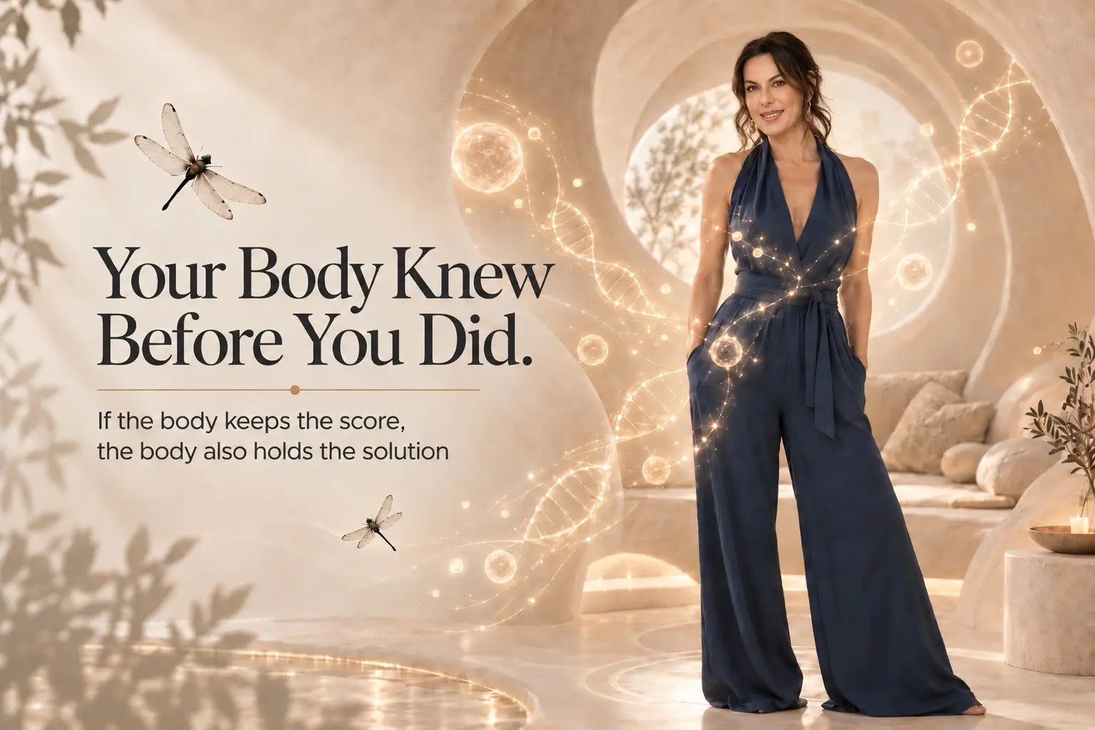 Pooja Bedi in a navy jumpsuit beside the words Your Body Knew Before You Did